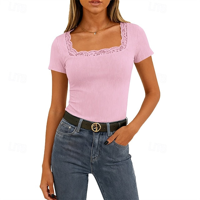 Women's T Shirt Summer Tops Lace Patchwork Plain Elegant