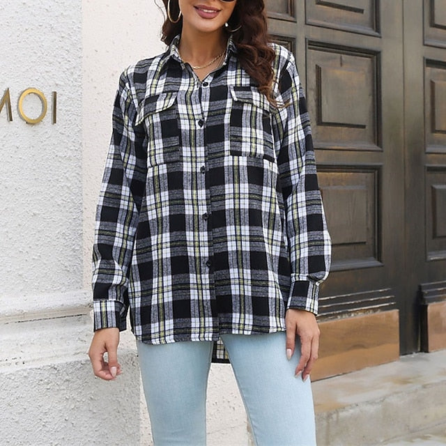 Women's Shirt Buttons Plaid Daily Stylish Basic Long Sleeve
