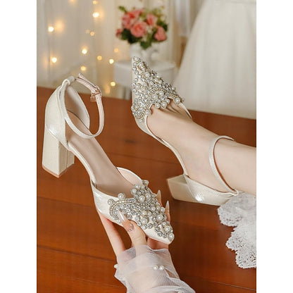Pearl Wedding Heel Women's and Rhinestone Block Embellished