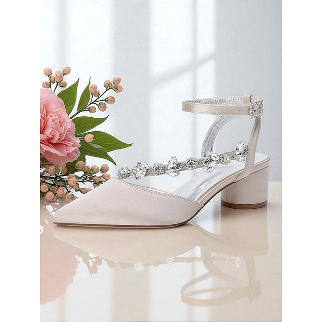 Block Pumps Heel Purple with Satin Rhinestone Women's