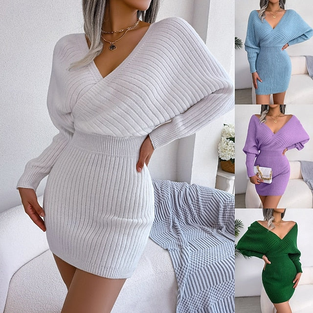 Women's Sweater Sweater Dress Casual Soft Pure Color Ribbed