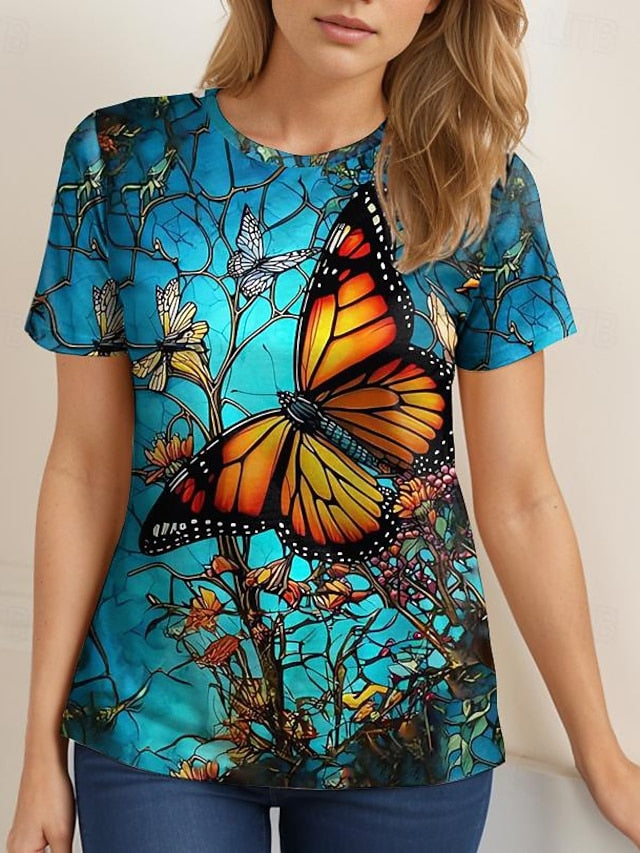 Women's T shirt Round Neck Stained Glass Hummingbird Print