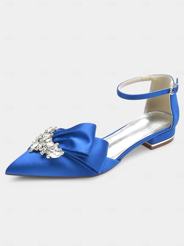White Satin Rhinestone with and Ankle Pointed-Toe Bow Heels