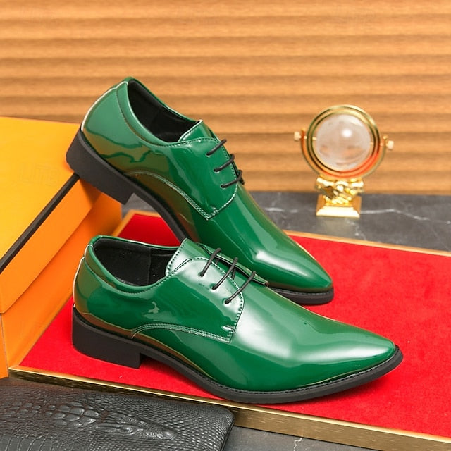 Leather Patent for – Formal Lace-Up Men Glossy Shoes Green