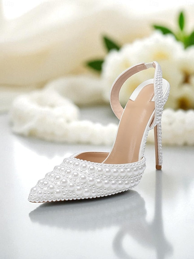 Women's White Leather Heels Slingback Pearl-Embellished -