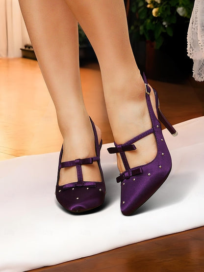 Bows Studs Satin and Heels T-Strap with – Women's Purple