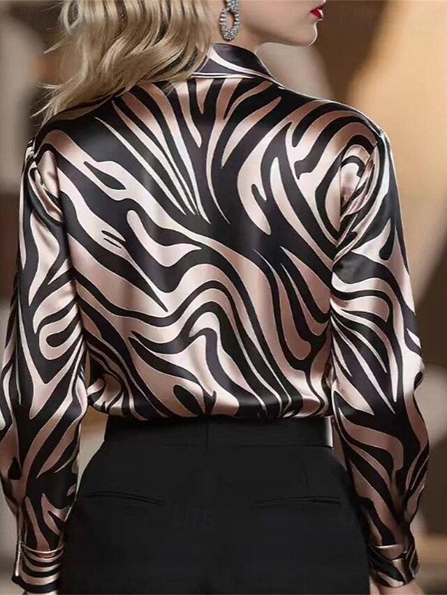 Women's Shirt Elegant Satin Top Blouse Ruched Buttons Print