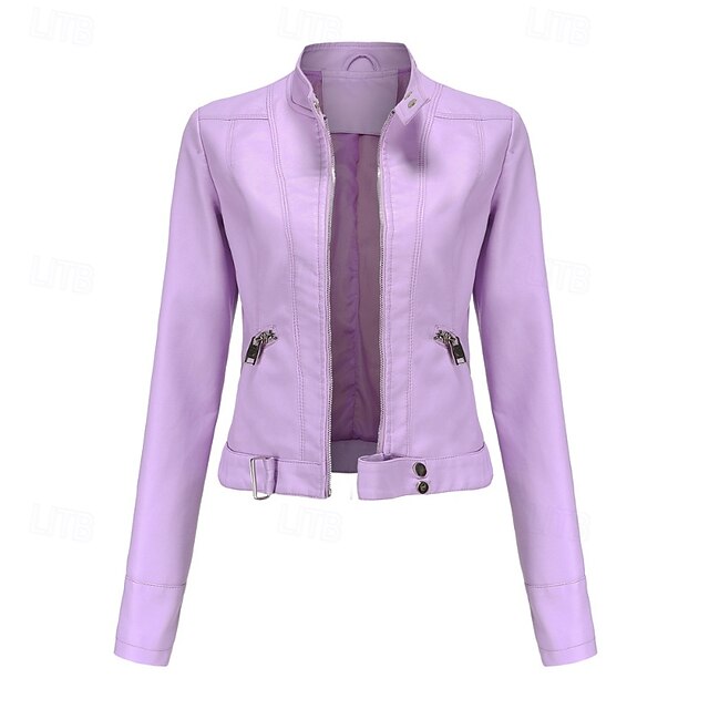 Faux Zipper Jacket Pocket Leather Women's Comfortable