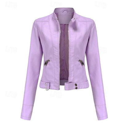 Faux Zipper Jacket Pocket Leather Women's Comfortable