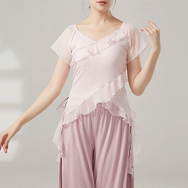 Activewear Top Ruffles Pure Color Splicing Women's