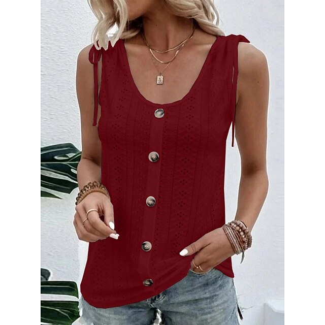 Women's Tank Top Eyelet Buttons Plain Fashion Stylish