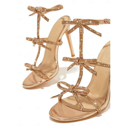 Sandals Stiletto Gold Bow – Sparkly Strappy Knot Women's