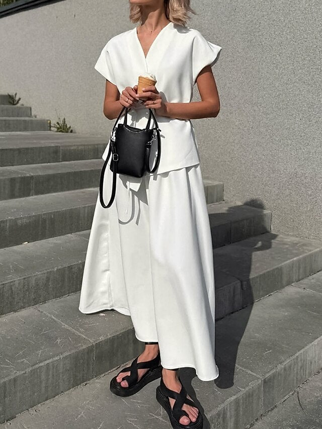 Women's Two Piece Sets Skirt Sets Short Sleeve V Neck Plain