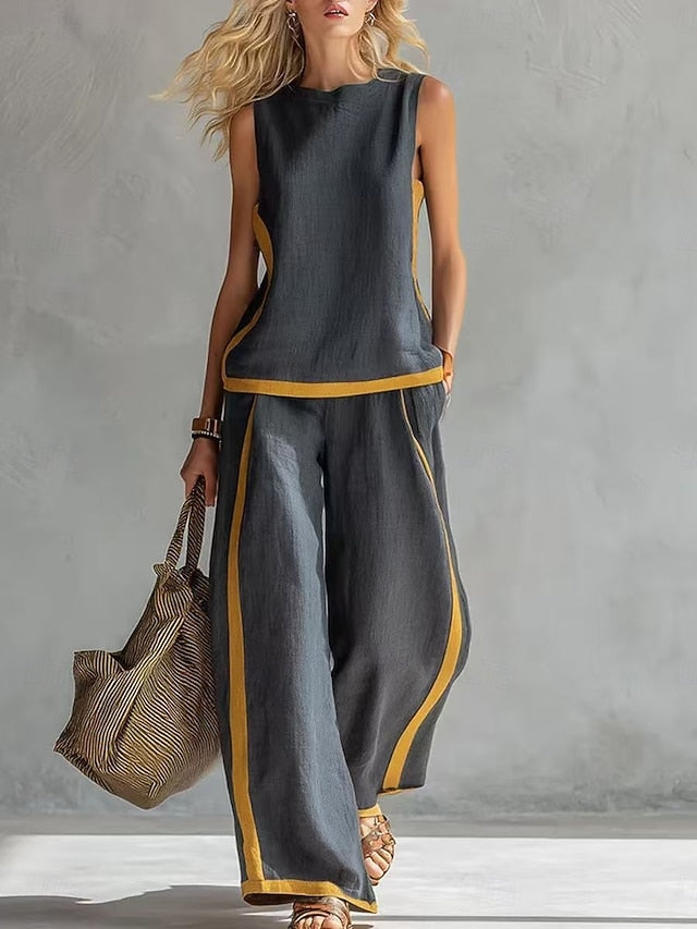 Women's Pants Sets Sleeveless Round Neck Striped Fashion