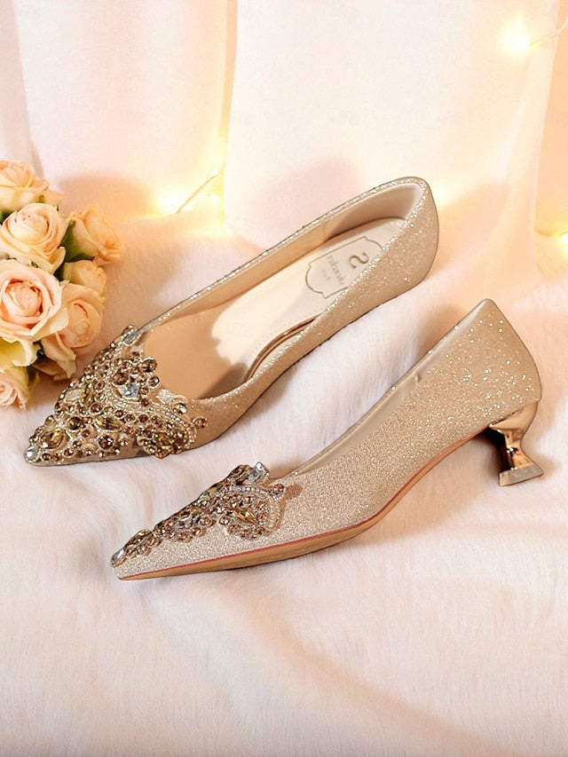 Glitter Pumps Heel Pointed-Toe Gold Low with Women's