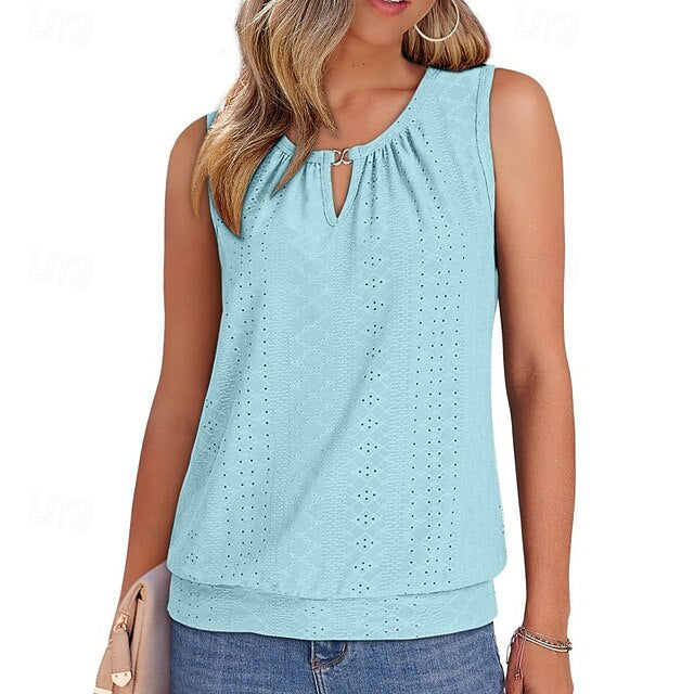 Women's Tank Top Sleeveless Shirt Tee Top Eyelet Solid