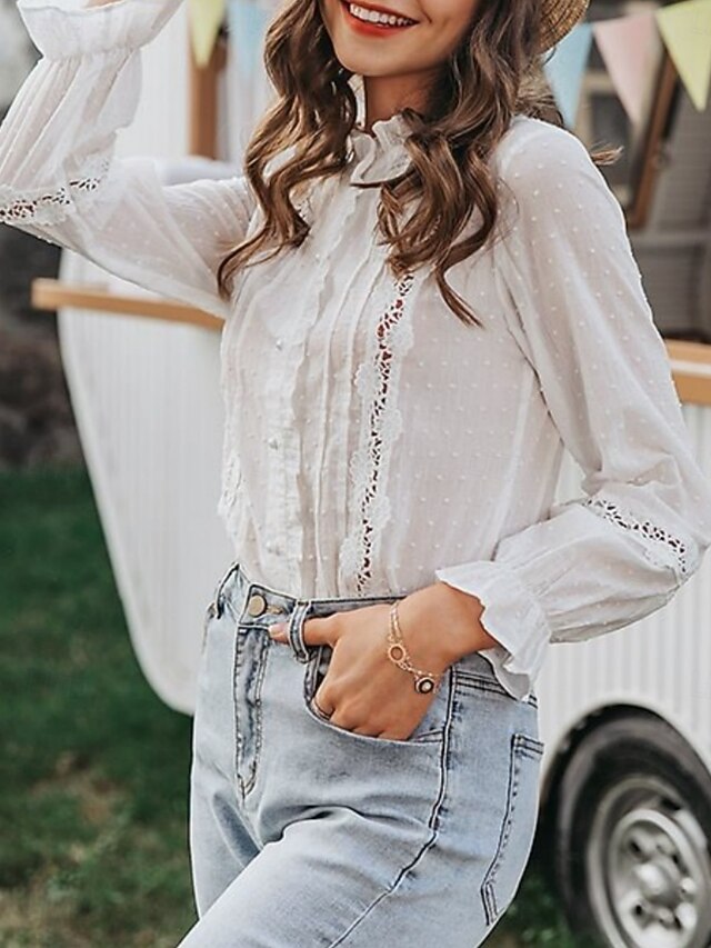 Women's Casual Shirt Button Up Shirt Blouse Lace Ruffle