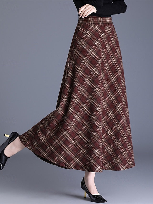 Women's Elegant Retro Vintage Maxi High Waist Skirts Plaid