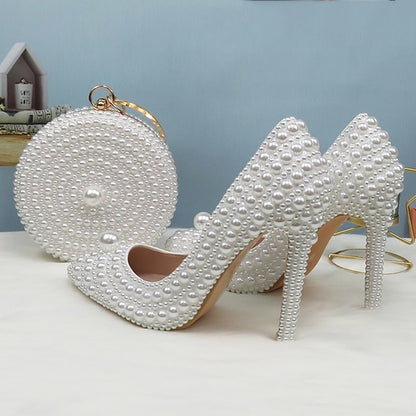Pearl-Embellished Stiletto Purse Heels White and Round Set Pearl