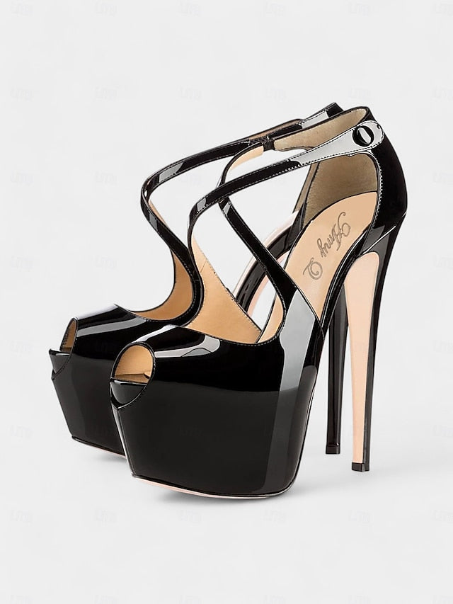 Red Leather Black Patent Heels Cross and Platform Stiletto with