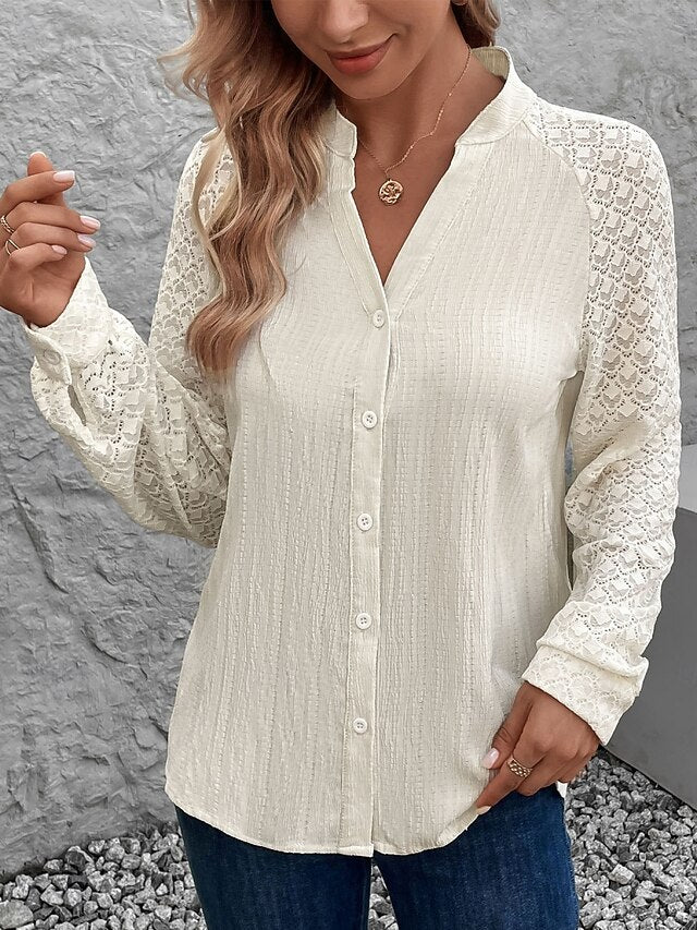 Women's Blouse Lace Buttons Solid Color Stylish Casual Long