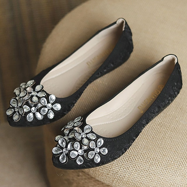 Floral Embellished Women's Flats - Foldable Wedding Crystal
