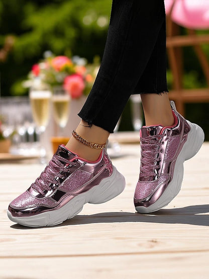 with Platform Sneakers Metallic Women's Glitter Chunky