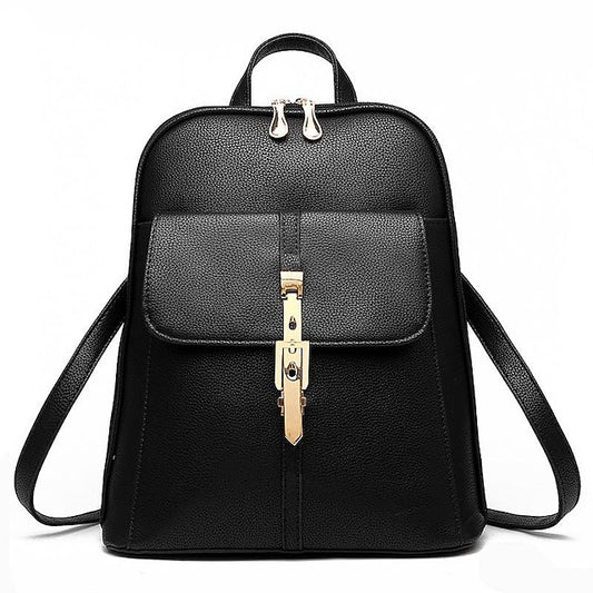 Women's Lock Black Leather Faux Purse Backpack with Gold