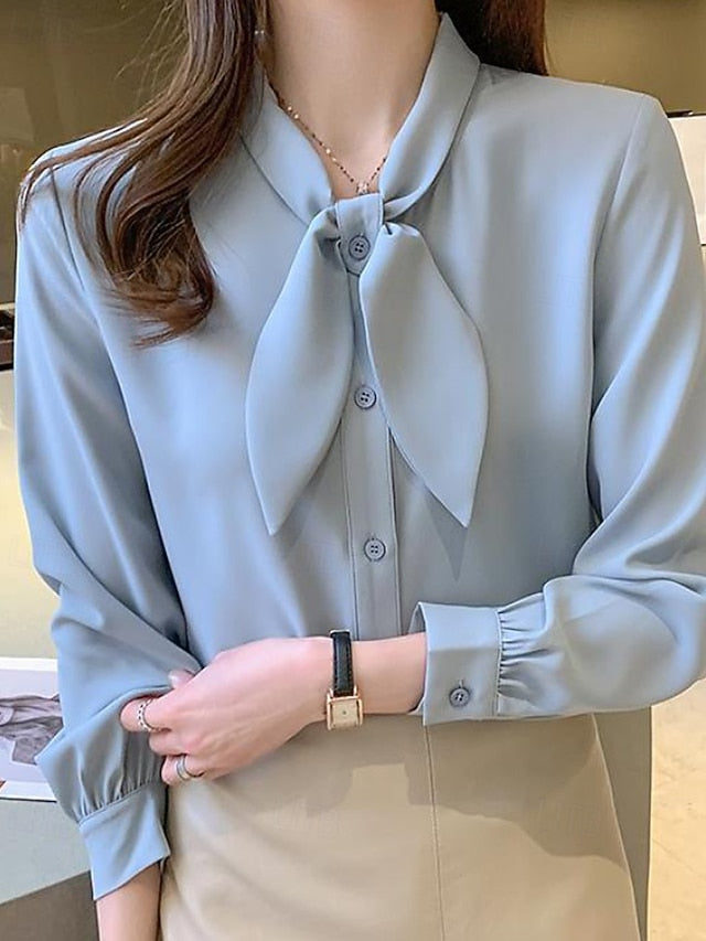 Women's Shirt Elegant Satin Top Blouse Bow Plain Stylish