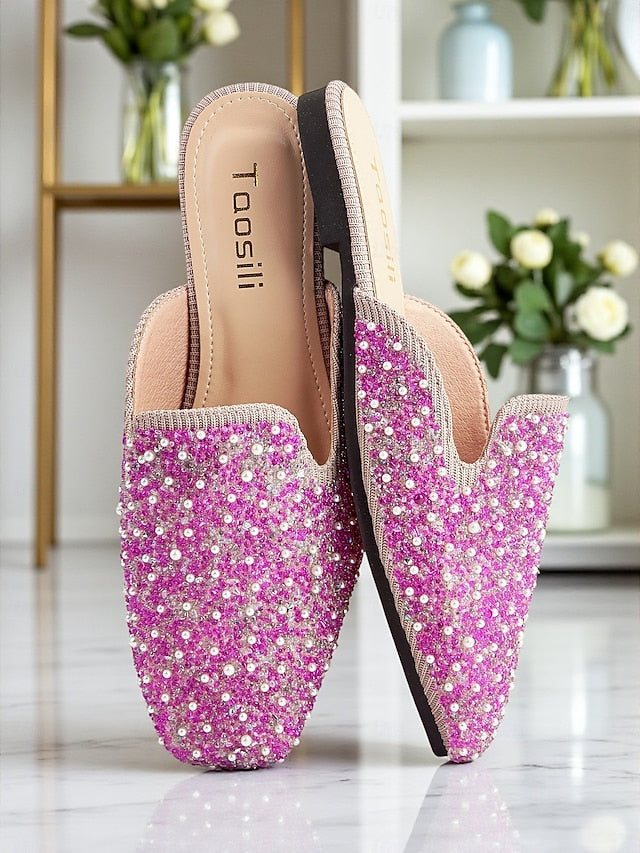 - Women's Pearl and Pink Rhinestone Mules Embellished