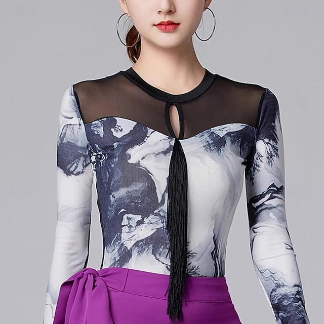 Latin Dance Ballroom Dance Top Printing Tassel Splicing