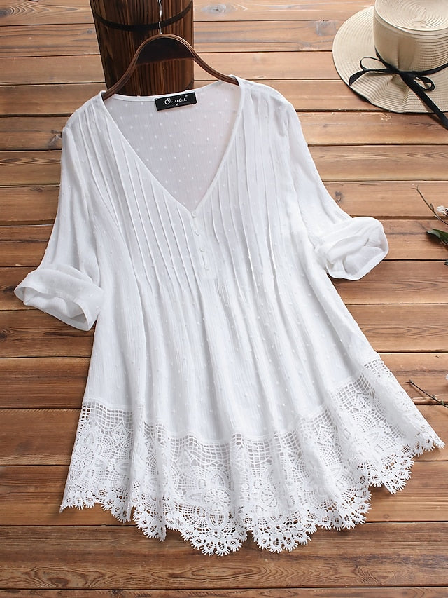 Women's Lace Shirt Blouse Eyelet top White Lace Shirt