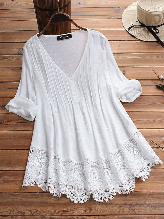 Women's Lace Shirt Blouse Eyelet top White Lace Shirt