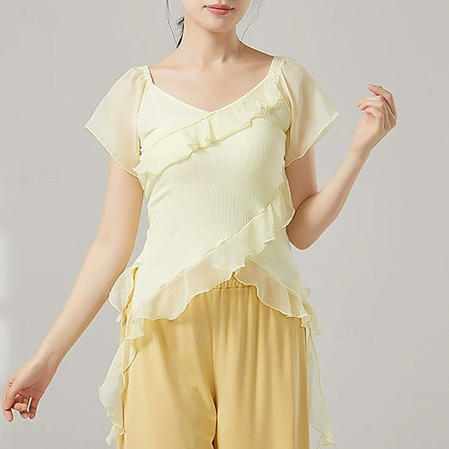 Activewear Top Ruffles Pure Color Splicing Women's