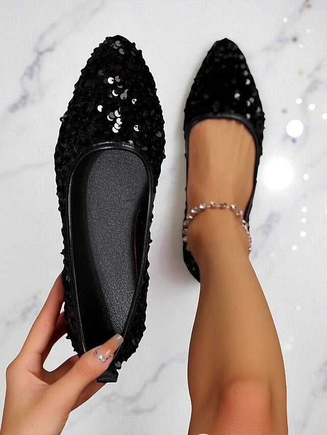 Pointed - Toe Sequin Ballet Black Flats Women's Sparkly