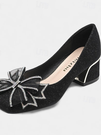 Glitter Women's Heel Pumps - with Gold Block Bow Decoration