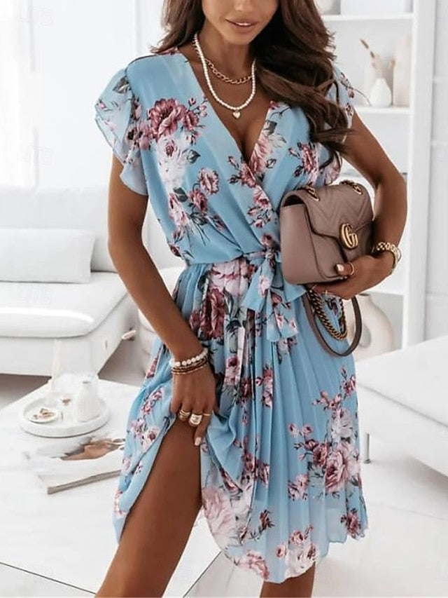Women's Casual Dress Floral Print V Neck Mini Dress Stylish