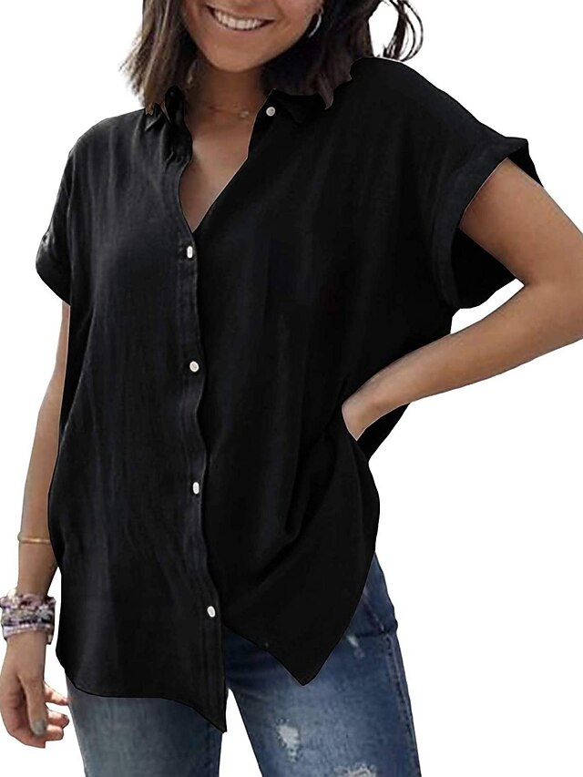 Women's Linen Blend Button Up Long Cotton Top White Cotton