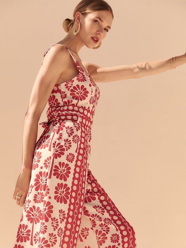 Satin Geometric Floral Print Cami Jumpsuit Vacation