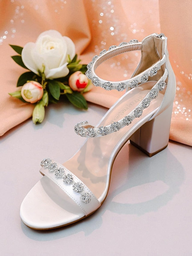 Open Women's Block Heel Elegant Rhinestone - Sandals White