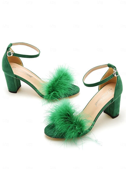 Block Feather-Embellished – Sandals for Women Heel Wedding