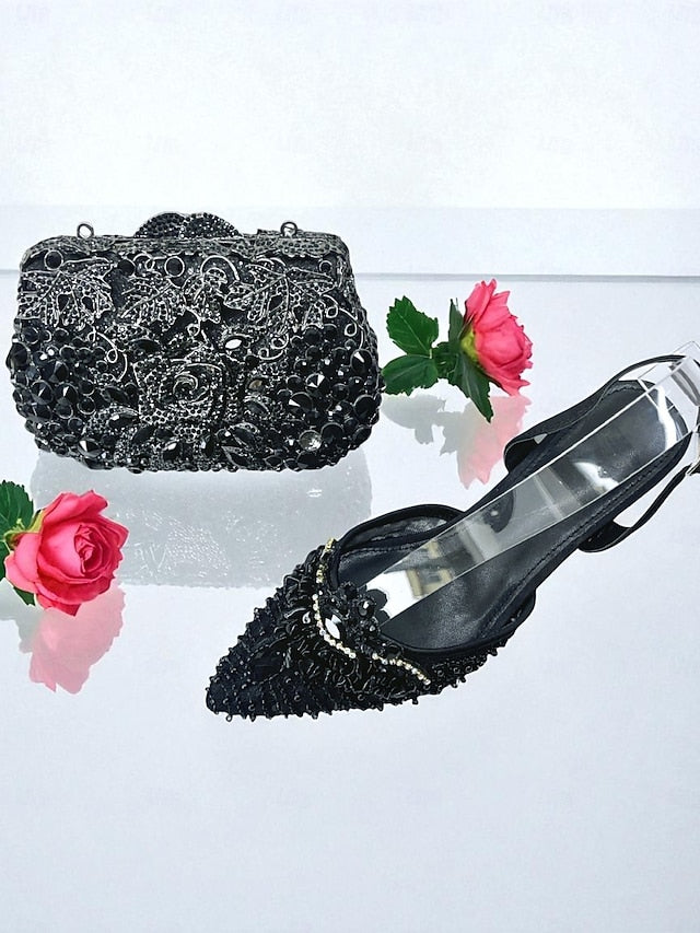 Green Women's Set Rhinestone Clutch Heel Bag and - Shoes