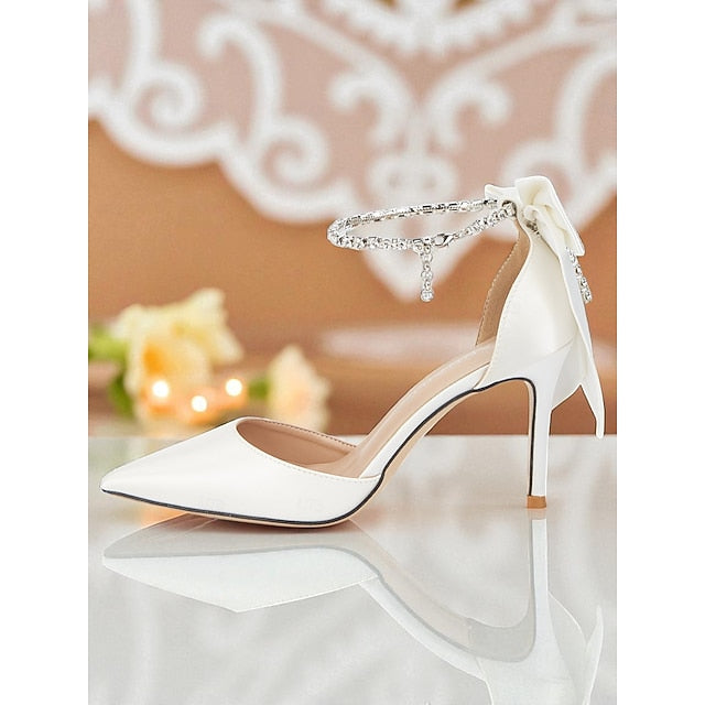 Bow Stiletto Women's Pointed Toe Ivory Heels and with Satin