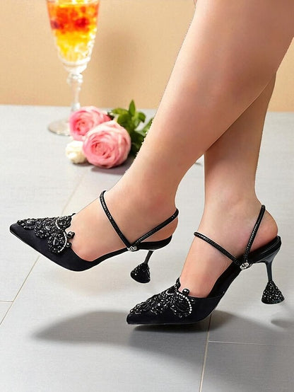 Embellished Women's Gold Toe Satin Rhinestone Pointed