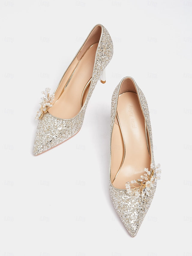 Women's Floral Heels Stiletto Silver with Glitter