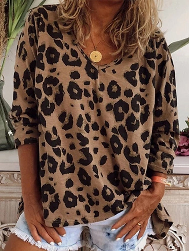 Women's T Shirt Print Leopard Fashion Long Sleeve V Neck
