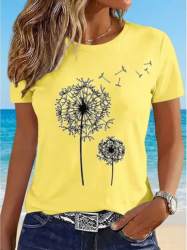 Women's Casual T-Shirt Dandelion Print Crew Neck White