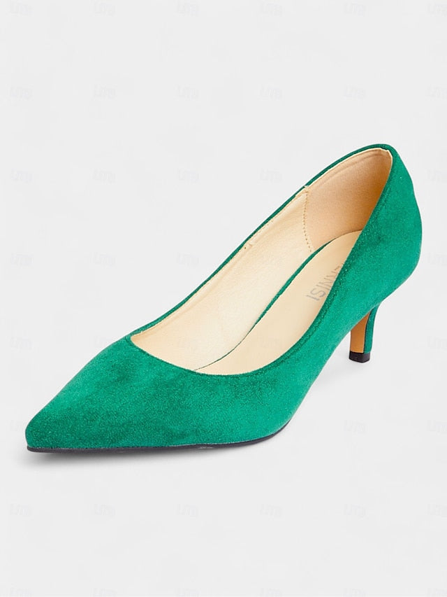 Suede Women's Emerald Pointed-Toe Kitten Pumps with Green