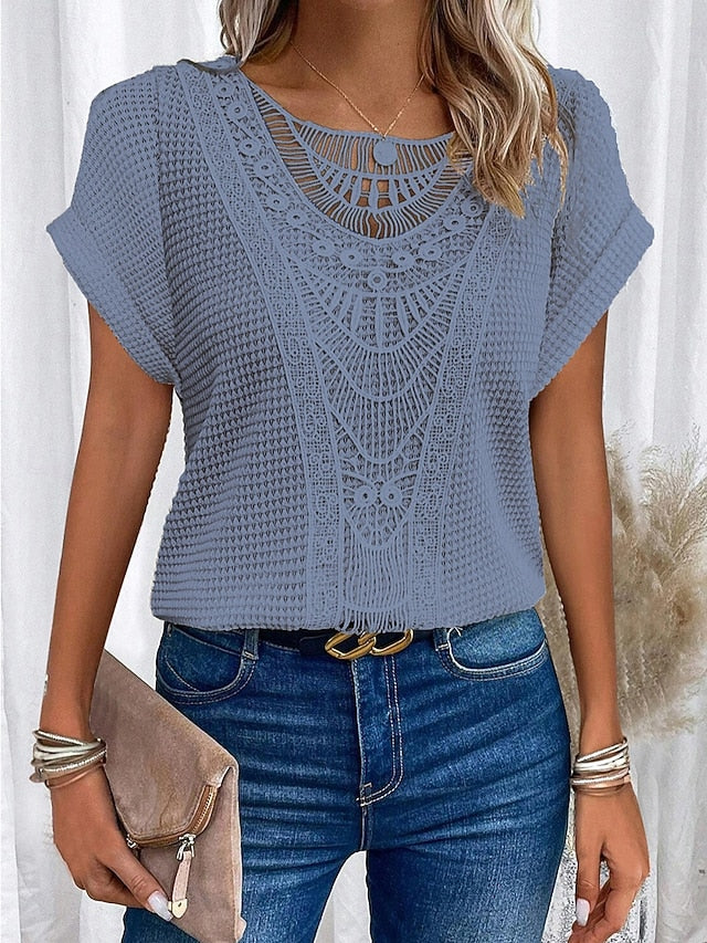 Women's T Shirt Hollow Out Solid Color Elegant Stylish