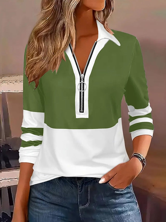 Women's Blouse Patchwork Zipper Geometric Stylish Casual